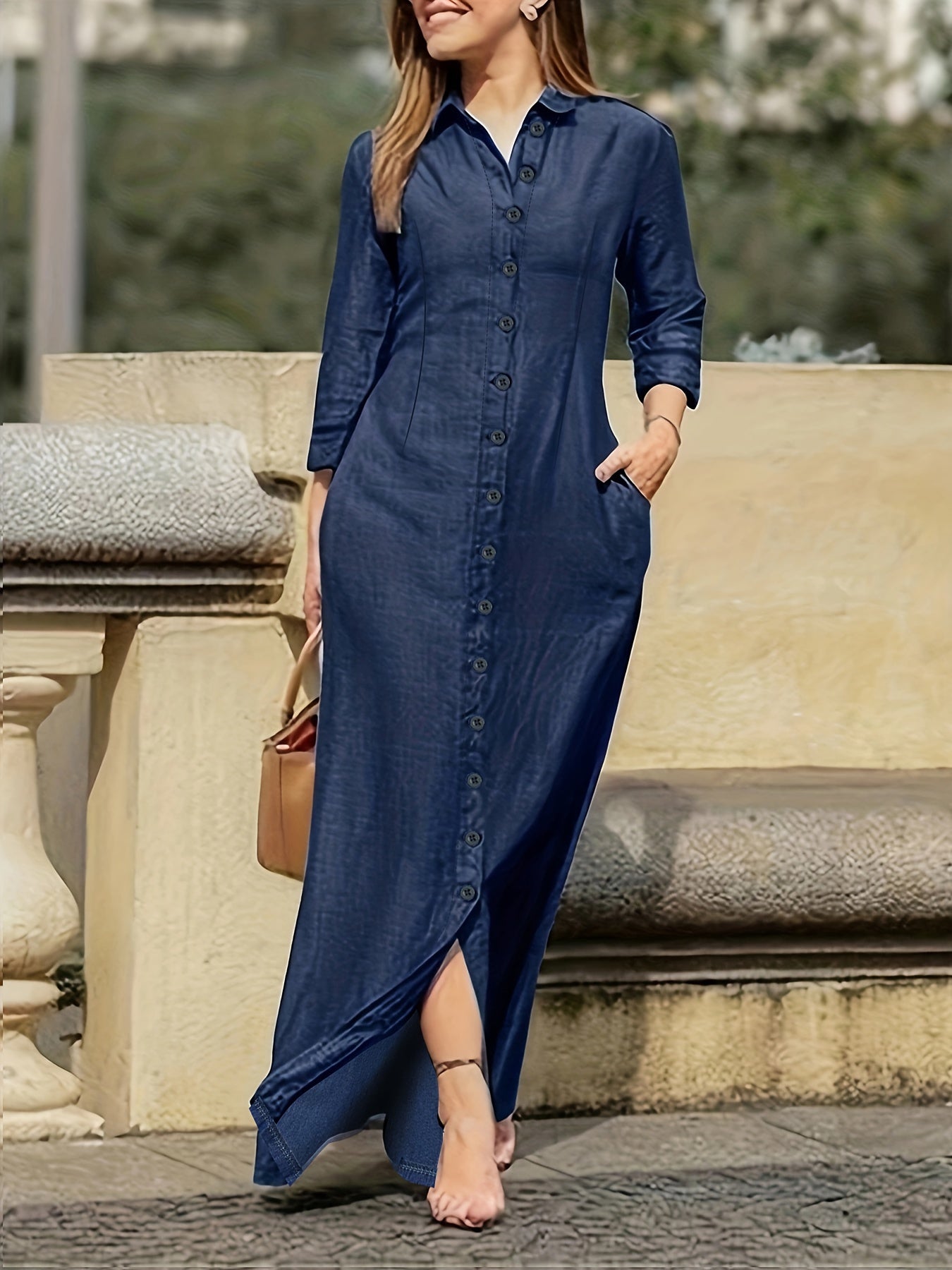 Stylish Button Front Maxi Dress - Long Sleeve, Casual, Comfortable, Flattering Fit, Women's Solid Color Clothing for Daily Wear - Easy to Move Around, Perfect for Work, Date, or Leisure Activities